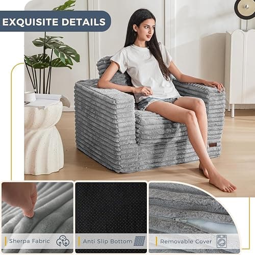 MAXYOYO Bean Bag Chair for Adults, Upholstered Floor Sofa with Pillows and Armrests, Bean Bag Sofa Plush Chair Couch for Bedroom Living Room, Dark Grey thumbnail 5