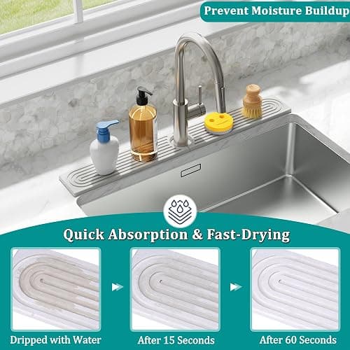 MAGKOTA Stone Faucet Mat for Kitchen Sink - Quick Dry Diatomite Sink Splash Guard, Prevents Moisture Buildup & Water Stains, Water Absorbing Stone Tray for Bathroom Countertop (White, 20" x 4") thumbnail 4