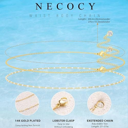 NECOCY 14K Gold Plated Waist Chain for Women, Sexy Beach Layered Belly Belt Chain Waterproof Beads Chain Adjustable Snake Cross CZ Waist Body Chain Summer Body Jewelry Accessories for Women thumbnail 4