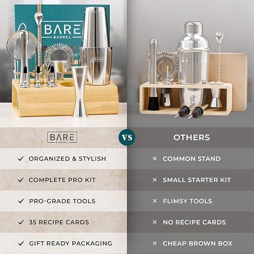 BARE BARREL® Mixology Bartender Kit Bar Set | 14-Piece Cocktail Shaker Set | Martini Barware Mixing Tools for Home Bartending | Incl. 35 Recipe Cards | Gift Set (28oz Boston Shaker, Silver/Natural) thumbnail 6