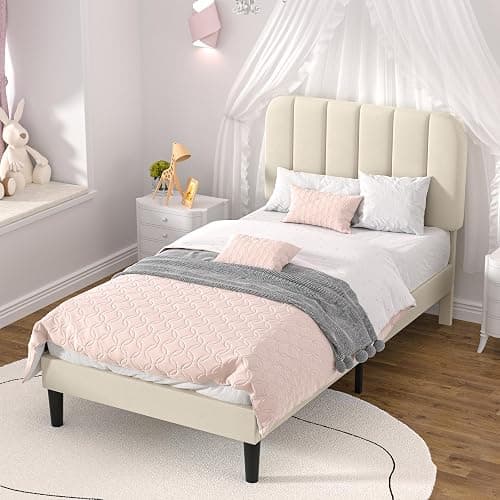 VECELO Twin Size Bed Frame with Upholstered Headboard, Velvet Platform Bedframe Mattress Foundation, Strong Wood Slat Support, No Box Spring Needed,Velvet Beige thumbnail 5