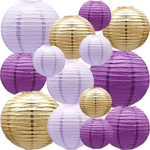 Purple Paper Lanterns Decorative Hanging Round Chinese Lanterns Lavender Purple Gold Wedding Bachelorette Engagement Baby Bridal Showers Birthday Decoration Indoor Outdoor 14PCS - Image 1