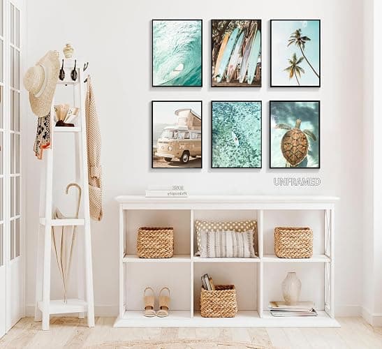 EVPYXFUT Set of 6 Tropical Beach Canvas Wall Art Surf Poster Summer Ocean Coastal Pictures Turtle Print Palm Tree Surfboard Gallery Paintings Nautical Bus Wall Decor for Bedroom Bathroom Unframed thumbnail 2