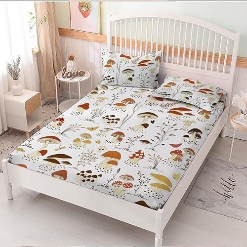 MUSOLEI Mushroom Bedding Set, Full, 3Pc, Deep Pocket, Cottagecore, for Kids, 03, Polyester Microfiber, Breathable, Fade Resistant, 54x75in, Includes Fitted Sheet & 2 Pillowcases - Image 1