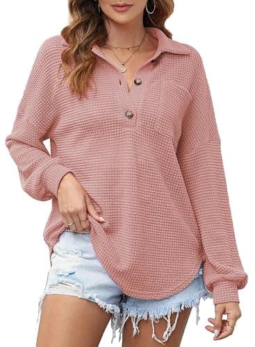 Astylish Women Waffle Knit Tops Henley Shirts Long Sleeve V Neck Solid Color Casual Tunic thumbnail 5