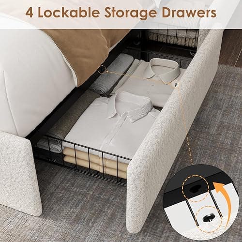 coucheta Queen Size LED Bed Frame with Headboard & 4 Storage Drawers, Soft Boucle Upholstered Platform Bed Frame with Charging Station and USB Ports, Wooden Slats Support, No Box Spring Needed, White thumbnail 5