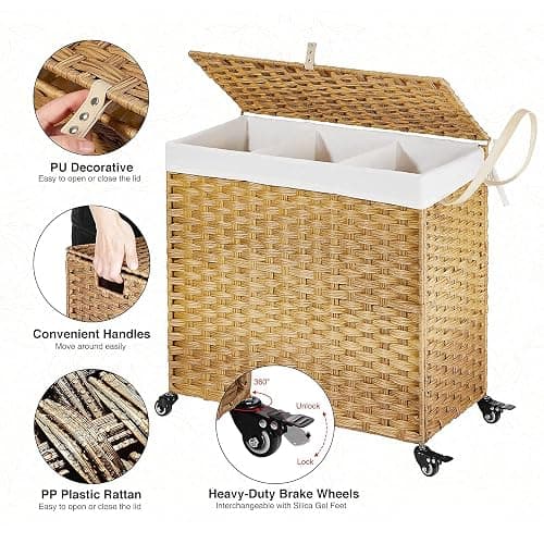 Greenstell Laundry Hamper with Wheels&Lid, 130L Large 3 Sections Clothes Hamper with 2 Types Removable Liner Bags, 5 Mesh Laundry Bags, Handwoven Divided Laundry Basket for Clothes, Natural - Natural - 130L: 25.6x13.0x25.7 Inches thumbnail 6
