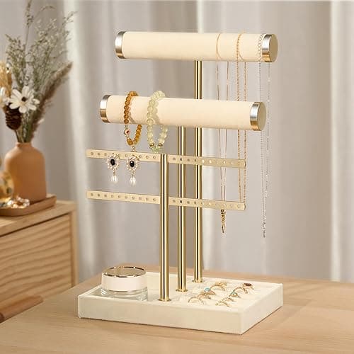 3 Tier Bracelet Holder Display - Detachable T Bar Beige Velvet Bracelet Holder, Jewelry Holder Organizer for Bracelet, Necklace, Earrings, Rings thumbnail 7
