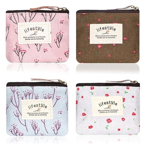 Mini Makeup Bag, 4 Pcs 4×3.7 Inch Linen Floral Small Makeup Bag for Purse Portable Small Zipper Pouch Cute Fabric Mini Cosmetic Bags for Women Girls Home Travel Lipstick Coin Cards Storage (4 Style) - Image 1