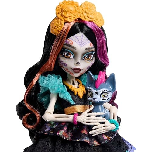Monster High Skelita Calaveras Doll | Skeleton in Colorful Papel Picado Dress with Pet Dog Candelita & 7 Accessories like Sketch Book, Snack & Messenger Bag, JHK34 thumbnail 3
