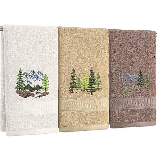 Hillsuren 3 Pcs Mountain Hand Towels Farmhouse Decorative Bathroom Towels Set 13.3 x 29.5'' Rustic Pine Trees Country Cabin Lake House Forest Embroidered 100% Cotton for Home Bathroom Kitchen Decor - Image 1