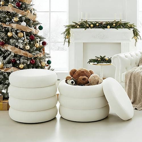 Flouki 20.1" Storage Ottoman Round, Vanity Stools for Bedroom, Velvet Pouf Ottoman with Removable Lid, Modern Ottoman Stool for Girls Women, Foot Stool for Living Room, White thumbnail 8