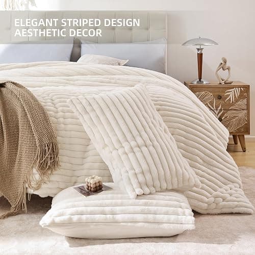 Smoofy Fluffy Twin Comforter Sets 2 Pieces - Cream White Fleece Fluffy Comforter Set, Luxury Fuzzy Twin Bedding Set, Soft Warm Comforter All Season, Heavy Faux Fur Comforter with Pillow Cases thumbnail 3