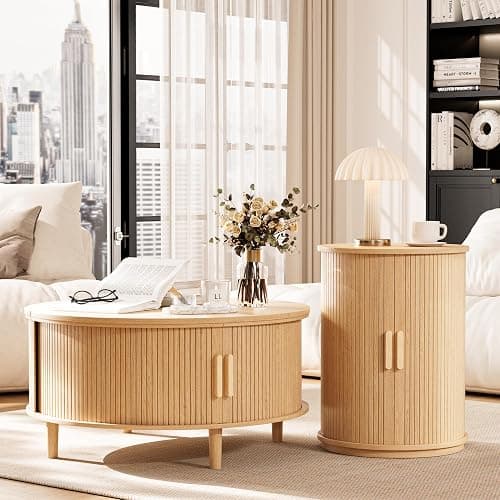 INNOD Side Table with Storage for Living Room, Round End Table with Sliding Tambour Door, Wood Night Stand Nightstand Bedside Table for Bedroom, Small Round Side Table, Mid Century Modern, Light Oak thumbnail 8