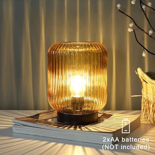 LUSHARBOR Battery Operated Lamp, Cordless Table Lamps for Home Decor, Battery Powered Nightlight with LED Bulb, Decorative Glass Beside Lamp for Bedroom Living Room-Gold thumbnail 6