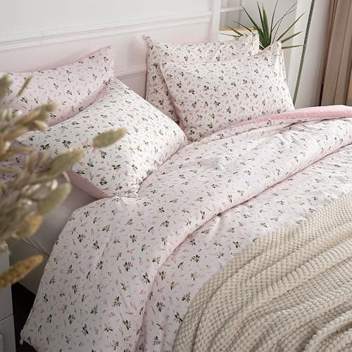 TISPLR Floral Comforter Set Full Soft Bedding Comforter Set 3 Pieces Garden Style Pink Flower Print Botanical Flowers Comforter Set for All Seasons 1 Comforter and 2 Pillowcases (Floral, Full) thumbnail 7
