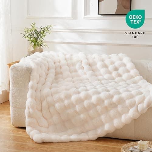 BENVWE Faux Fur Throw Blanket for Couch Bed - Fluffy Soft Thick Bubble Blanket for Living Room Home Decor - Mothers Day Birthday Gifts for Women, Cream White, 63" x 80" thumbnail 2
