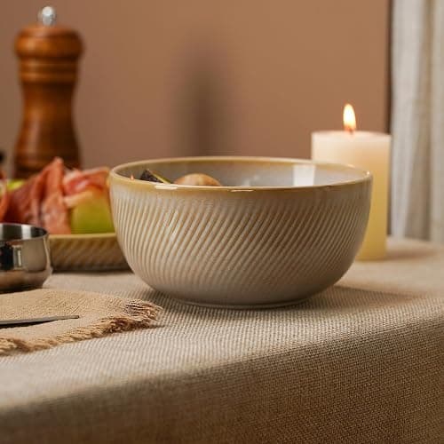Metflavor Stoneware Dinnerware Sets for 4, 12-Piece Scratch Resistant Plates and Bowls Set, Dishwasher and Microwave Safe Ceramic Dishes Set, Ribbed, Sculpted Dune thumbnail 5