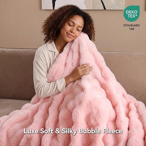 Smoofy Faux Rabbit Fur Throw for Couch - Blush Pink Bubble Blanket 50"x60" | Fluffy Plush Fuzzy Throw for Sofa & Bed, Super Soft Cozy Comfort Blanket, Luxury Aesthetic Pink Decor Gift for Women thumbnail 3