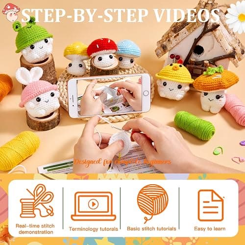 MAGIMUSE Crochet Kit for Beginners, Crochet Starter Kits for Adults Amigurumi Craft Knitting Crocheting Kits with Step-by-Step Video Tutorials, Mushroom Family(40%+ Yarn thumbnail 3