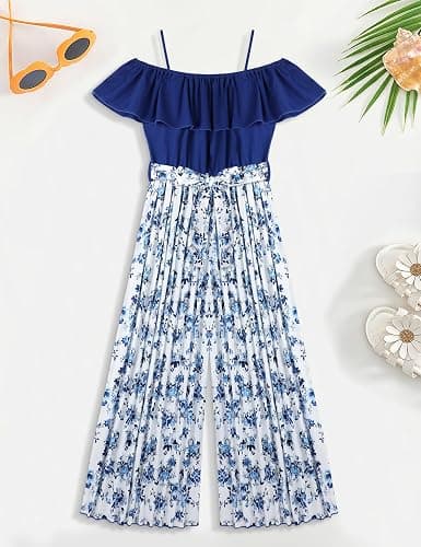 oklady Girls' Jumpsuits Belted Ruffle Top High-waisted Wide Leg Pleated Pants One Piece Outfit 6-14 Y thumbnail 4