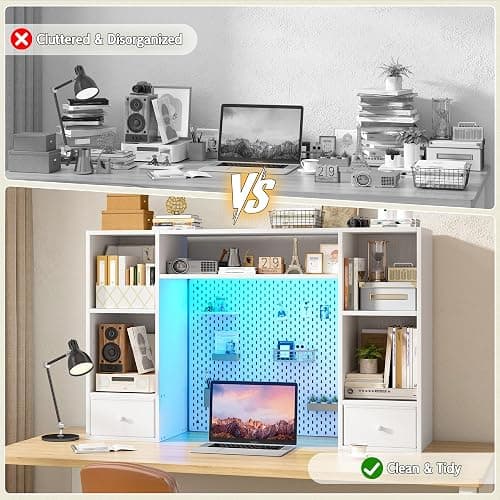 REIBII Desktop Bookshelf with LED Lights,47.2" Desktop Organizer with 6 Shelves and 2 Drawers for Top of Desk,Multipurpose Desk Hutch Dorm with Adjustable Shelves for Home and Office,White thumbnail 8