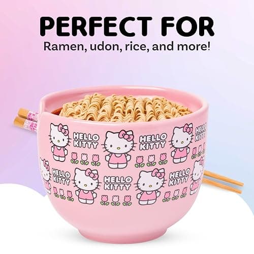 Silver Buffalo Sanrio Hello Kitty Flowers Pattern Ceramic Ramen Noodle Rice Bowl with Chopsticks, Microwave Safe, 20 Ounces thumbnail 5