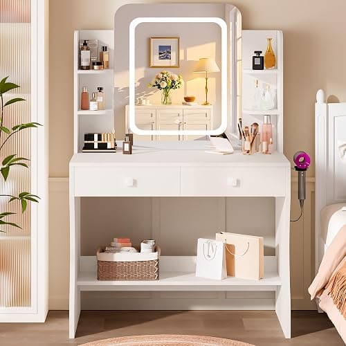 LIVELYGLOW Small Makeup Vanity Desk with Smart LED Mirror & Power Outlet, 29.5" White Vanity Table with Hairdryer Rack, 5 Storage Shelves & 2 Drawers, Compact Dressing Table for Small Spaces - Image 1