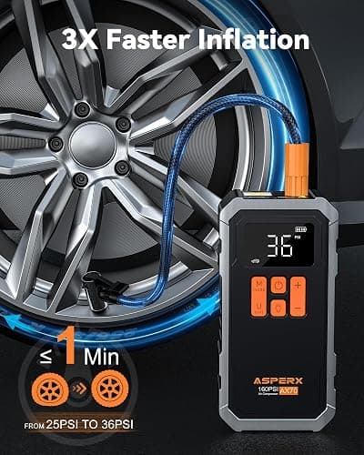 AsperX 160PSI Cordless Tire Inflator Air Compressor – Portable Rechargeable Air Pump with LCD Display, Auto Shut Off, LED Light & Carrying Case | Fast Inflation for Car Tires, Bike, Motorcycle, Balls thumbnail 2
