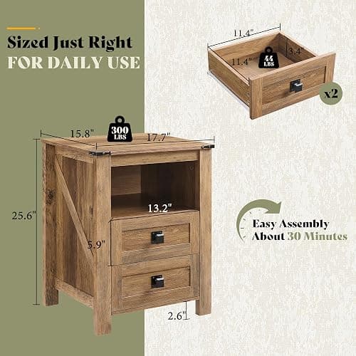 AMERLIFE 18" Farmhouse Nightstand Set of 2, Wooden Bedside Table with 2 Drawers & Open Shelf, Rustic End Table for Bedroom/Living Room, Barnwood thumbnail 2