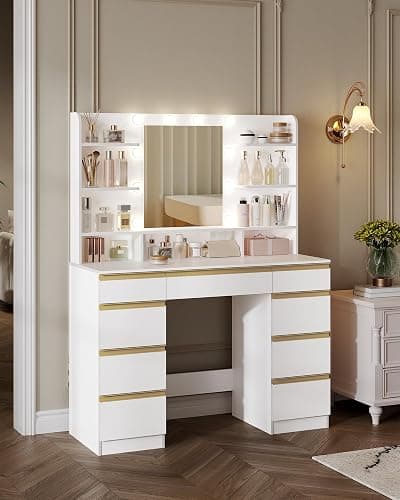 Hzuaneri Toeletta da Trucco con 10 Luce LED, 3 Colori, Luminosità Regolabile, Grande Specchio HD, 1 Cassetto Grande e 8 Cassettiere Piccole, 9 Vani Portaoggetti Aperti, Bianco-Oro DT35703X thumbnail 4