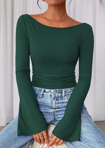 PRETTYGARDEN Womens Long Sleeve Shirts 2026 Spring Crop Going Out Tops Casual Boat Neck Bell Sleeve Ribbed Ruched Y2K Clothes thumbnail 5