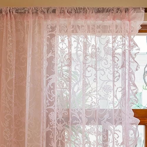 TUDECO Pink Lace Curtains 84 Inch Long, Romantic Ruffle Edges, 2 Panels | Light Pink, Coquette Princesscore Look, Vintage Floral, Bedroom Living Room Decor, Soft Light Filtering, Semi-Privacy thumbnail 3