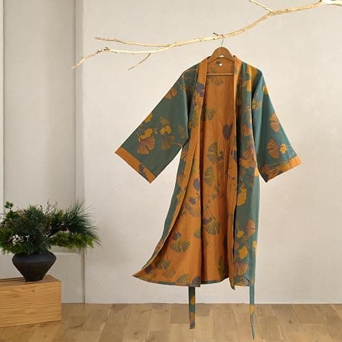 Purefair 100% Cotton Gauze Ginkgo Leaf Kimono Robe, Long Knit Loose Bathrobe Nightgown Ladies Loungewear Sleepwear for Women thumbnail 2