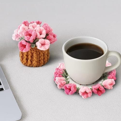 Vane Oak Flower Crochet Coasters, Handmade Bouquet Blanket Coaster with Crochet Plant Pot Fun Soft Decorative Drink Coasters for Coffee Tabletop Protection and Home Decor (Pink, 1Pc) thumbnail 6