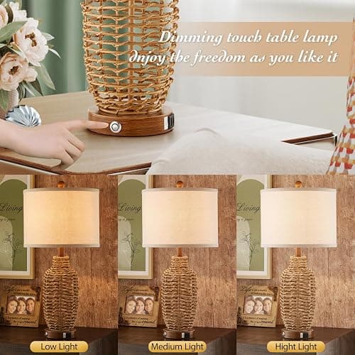 YIMNOVP Rattan Table Lamps Set of 2 Wicker Lamps 3 Way Dimmable Touch Control Farmhouse Rustic Coastal Lamps with USB Port for Bedroom Living Room Office (LED Bulbs Included) thumbnail 3