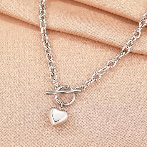 Navirix Chunky Heart Pendant Necklace,Minimalist Plated Gold Thick Love OT Clasp Choker,Vintage Puffy Heart Chain Toggle Collarbone Necklace for Women thumbnail 5