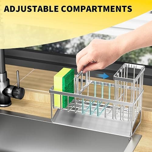 Cisily Sink Caddy Sponge Holder for Kitchen, 304 Stainless Steel Rustproof, Kitchen Sink Caddy with High Brush Holder, Dish Sponge Organizer with Divider(Silver) thumbnail 5