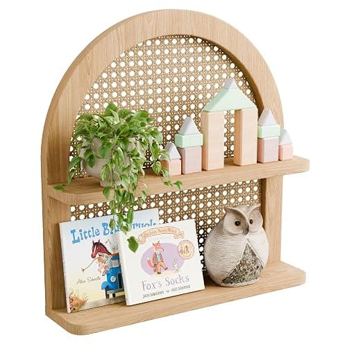 Eostbe Rattan Wall Shelf Boho Nursery Decor - 2-Tier Arched Woven Natural Wood Wicker Wall Shelf, 16''L Neutral Handcrafted Rattan Nursery Shelf, Decorative Shelf for Living Room,Bedroom & Bathroom - Image 1