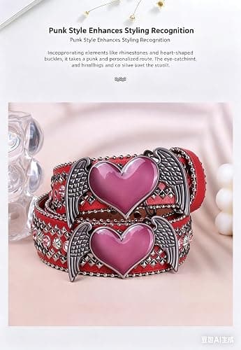 Women's Red Studded Belt with Angel Wing Heart Buckle, Rhinestone Embellished, Bohemian Style,Fits waistline 88-103CM thumbnail 4