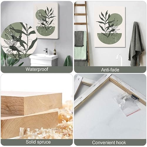 Sage Green Wall Posters & Prints, Green Boho Wall Art Set of 3, Minimalist Framed Wall Art Geometric Line Leaf Sun Moon Beige Green Canvas Artwork Paintings thumbnail 6