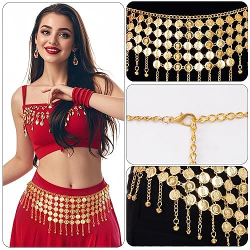 Topbuti Coins Belly Dance Hip Scarf Belt Belly Dancing Coins Skirts Chain Belt for Bellydance Halloween Costume Accessory thumbnail 4