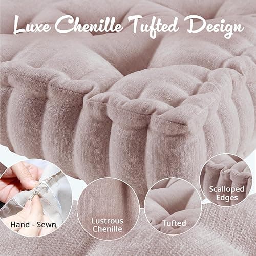 Intelligent Design Azza Floor Pillow, Large Cushions Sitting for Adults, Floor Pillow for Meditation or Yoga, Lustrous Chenille Tufted with Scalloped Edges for Bench/Chair Cushion, 20"x20"x5" Blush thumbnail 5