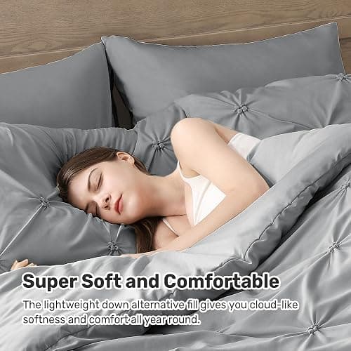 UNIKOME Queen Comforter Set Gray/Light Gray - Soft Pintuck Down Alternative Bedding Set for All Seasons, 3 Pieces Pinch Pleat Solid Bed Set with Comforter, 2 Pillowcases - 09 Gray/Light Gray - Queen(92“x88“) thumbnail 3