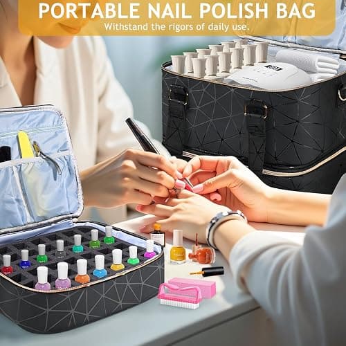 YUYAFN Large Nail Polish Organizer Bag Holds 84 Bottles Nail Polish and a Nail Lamp, PU Leather Nail Kit Storage Carrying Case, Removable Portable Travel Nail Art Tool Storage thumbnail 4