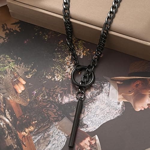 Heart O ring Slip Chain Necklaces for Women Stainless Steel Cuban Chain Bar Necklace Punk Rock Collar Necklace Handmade Adjustable Lariat Y Necklaces for Men thumbnail 8