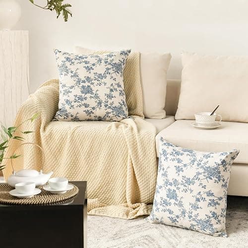 AVOIN colorlife Chinoiserie Grandmillennial Bule White Flower Christmas Throw Pillow Covers 18 x 18 Inch Set of 2, Sateen Breathable Cushion Case on Sofa Couch Soft for Quality Sleep thumbnail 6