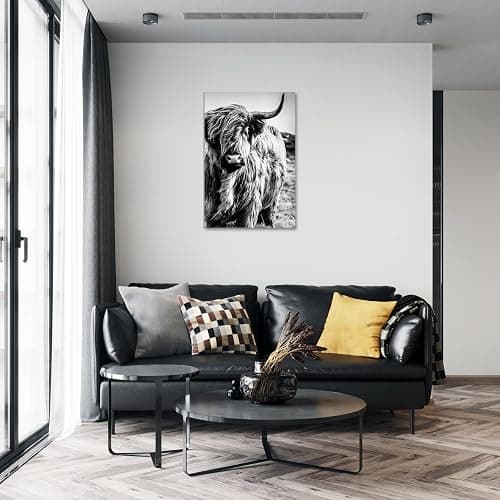 Highland Cow Wall Art Canvas Black and White Cow Picture Prints Framed Artwork for Bathroom Farmhouse Wall Decor (16x24inches) thumbnail 6