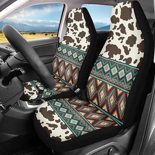 Dreaweet Aztec Seat Covers for Cars SUV Trucks,Brown Cow Print Car Seat Covers Vehicle Seat Protector Set of 2,Cute Cow Print Car Accessories for Women Interior thumbnail 2