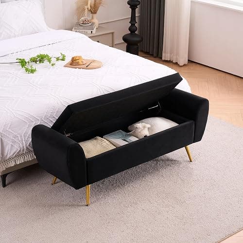 56" Storage Bench for Bedroom King Size Bed, Gold Legs, Velvet Black | Long Ottoman, Modern End of Bed Bench, with Arm, Upholstered, For Bedroom/Living Room/Window/Entryway thumbnail 4